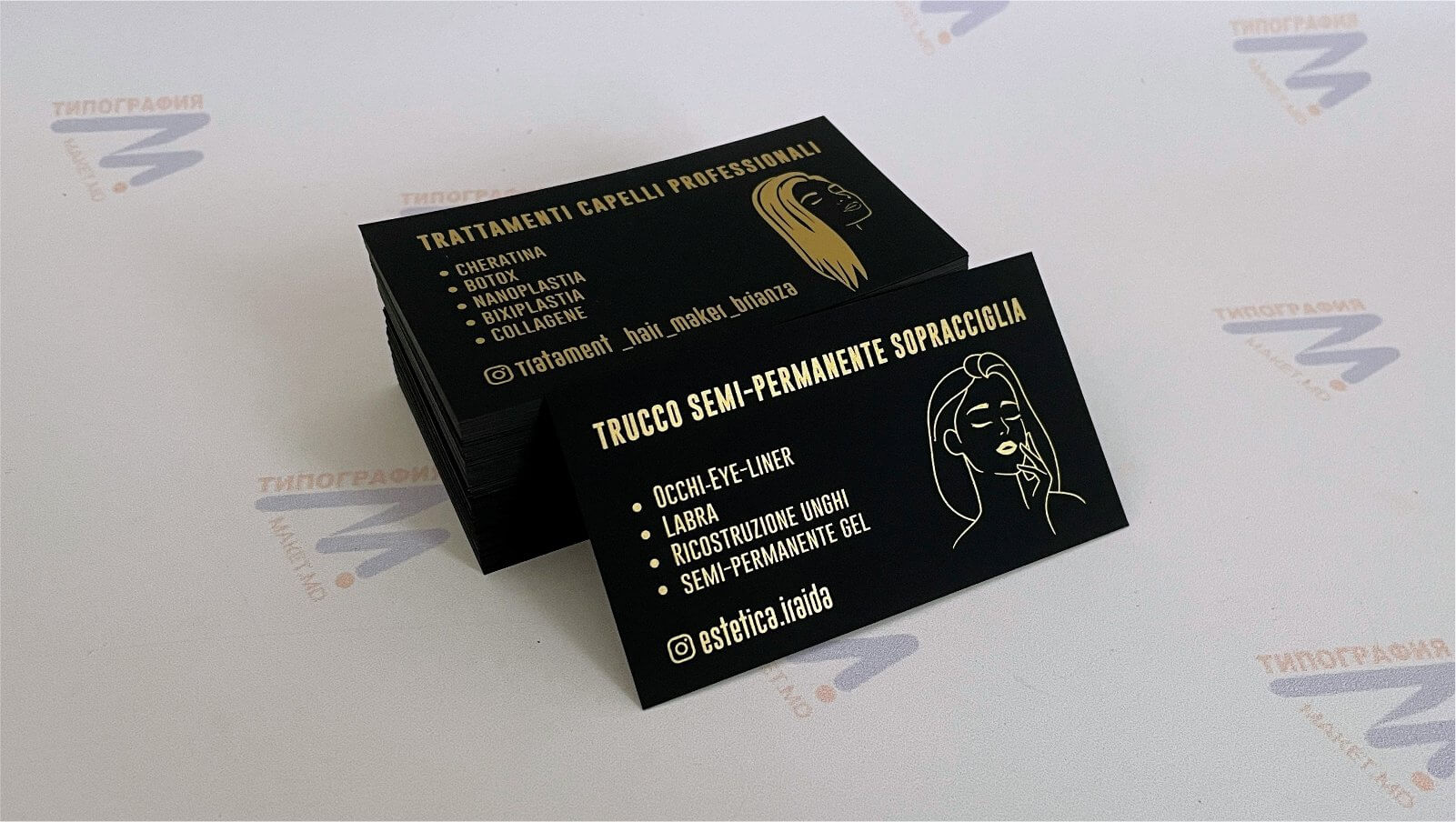 Чёрные визитки на тач кавере печать золотой шелкография краской для салона красоты италия фото 10